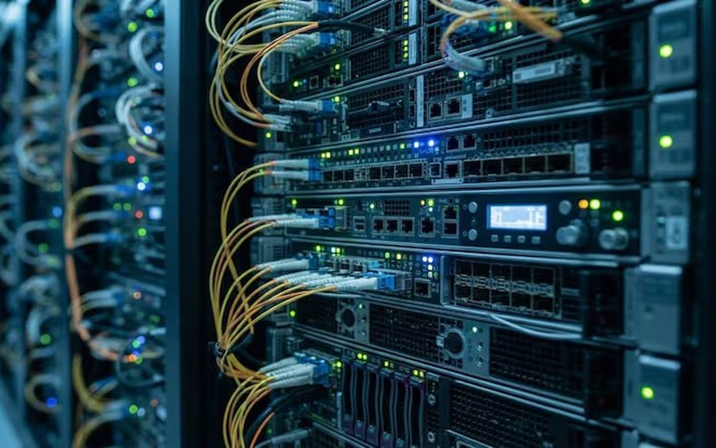 Infrastructure réseau avec serveurs, commutateurs et câblage